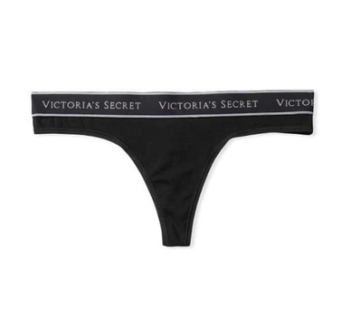 Трусики стрінги лого-резинка вікторія сікрет victoria's secret Чорні Logo Cotton Thong Panty S