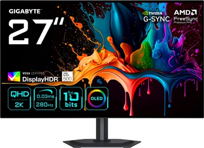 Монітор 27" Gigabyte MO27Q28G Gaming Monitor / 27" 2560x1440 (2K QHD) WOLED / 280 Гц / 0.03 мс / 10 bit / 1500 кд/м² / DisplayHDR 500 True Black
