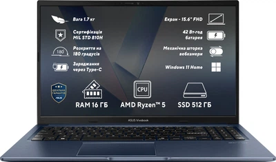 Ноутбук ASUS Vivobook 15 M1502NAQ-BQ044W (90NB1841-M00FV0) Quiet Blue / 15.6" IPS / AMD Ryzen 5 150 / RAM 16 ГБ / SSD 512 ГБ / Windows / Підсвітка клавіатури