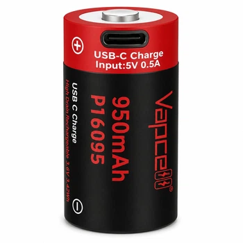 Аккумулятор Vapcell 16340 RCR123A 3.6V 950mAh Li-ion USB-C 1 шт 16.5×34.3 мм – защищённый литий-ионный аккумулятор