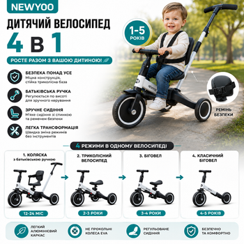 Дитячий велосипед-трансформер 4 в 1 newyoo — триколісний біговел з батьківською ручкою для дітей