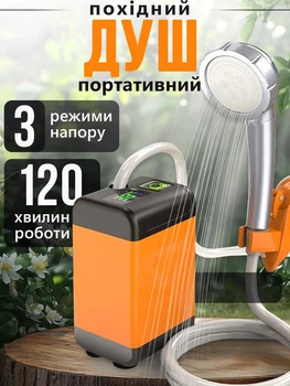 Портативный аккумуляторный душ для кемпинга и дачи с цифровым дисплеем температуры, регулировкой напора и USB зарядкой.