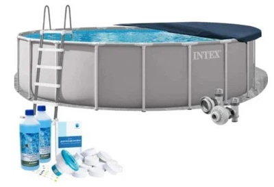 Каркасный бассейн Intex 26756-6в1 серый круглый из ПВХ и стали 610 х 132 см на 32695 л с подстилкой стремянкой тентом альгениксом и таблетками хлора (9-163-26756-6)