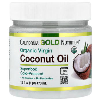 Кокосова олія California GOLD Nutrition, Superfoods "Organic Extra Virgin Coconut Oil" органічне нерафіноване масло першого холодного віджиму для шкіри тіла, волосся та приготування (473 мл / 16 рідк. унцій)