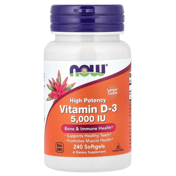 Вітамін Д3 NOW Foods "Vitamin D3" високоефективний холекальциферол для зміцнення кісток, м'язів та імунної системи, 125 мкг/5000 МО (240 гелевих м'яких капсул)