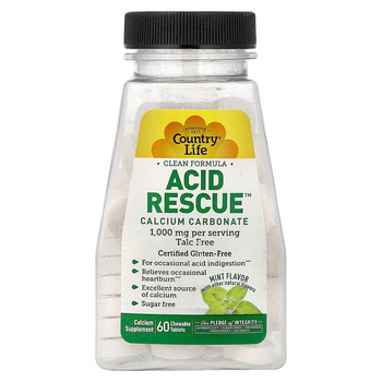 Карбонат кальция Country Life "Acid Rescue Calcium Carbonate" с цитратом магния, мятный вкус, 1000 мг (60 жевательных таблеток)