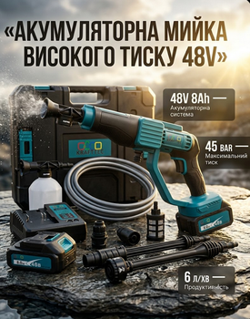 Бесщеточная мойка высокого давления Krafftec Germany PRO 48V 8Ah 45 бар с 2 АКБ и насадками