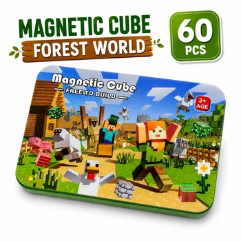 Детский магнитный конструктор Minecraft Magnetic Cube Forest World 60 элементов в металлическом кейсе