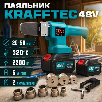 Паяльник для пластиковых труб Krafftec 48 В, 2200 Вт, литий-ионный аккумулятор, цифровой дисплей, 2 аккумулятора