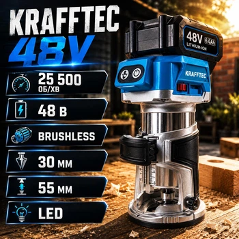 Ручной кромкофрезер Krafftec 48V до 30 мм Бесщеточный кромкофрезер Фрезер для дерева с набором фрез