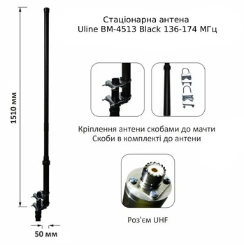 Потужна стаціонарна антена Uline BM-4513 Black 136-174 МГц, 4dBi, 200Вт під ретранслятори та радіостанції Motorola/Hytera