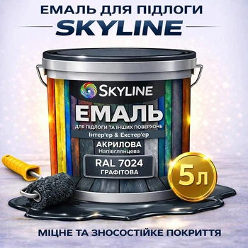 Емаль акрил-поліуретанова SkyLine для підлоги та різних поверхонь зносостійка RAL 7024 Графітова 5 л