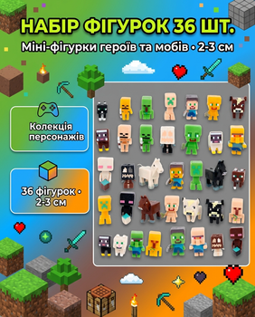 Набор фигурок Майнкрафт Minecraft 36шт. — мини-фигурки героев и мобов, Стив Крипер Эндермен подарок фанату Minecraft 2-3 см