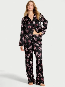 Пижама(рубашка + брюки) женская Victoria's Secret Signature Satin Long Pajama Set 27161756 XS Черная (291317964798)