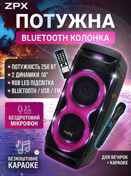 Bluetooth колонка ZPX 250Вт 2×10" з мікрофоном RGB підсвіткою FM USB TF TWS для караоке та вечірок