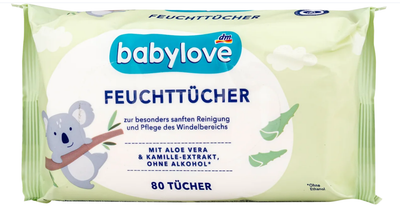 Дитячі вологі серветки з алое вера та екстрактом ромашки Babylove, 80 шт.