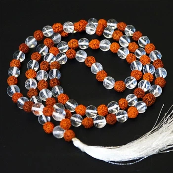Четки каменные 9 мм из Горного хрусталя с рудракшей P-Beads-020