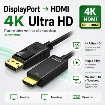 Кабель DisplayPort - HDMI для монітора 4K 30Hz 1.8 м U&P CA04 Black
