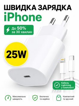 Комплект швидкої зарядки 25W для телефона Apple iPhone type-c to lightning 7 8 X 11 12 13 14 pro max plus mini iPad адаптер мережевий зарядний пристрій блок тайпсі лайтнінг usb-c power adapter швидка зарядка айфон айпад кабель лайтінг тайп-с 1м