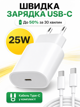 Комплект швидкої зарядки 25W для телефона Android Apple iPhone type-c to type c 15 16 17 pro max plus mini iPad адаптер мережевий зарядний пристрій блок тайпсі usb-c power adapter швидка зарядка для айфон айпад андроїд кабель зарядки тайп-с 1м