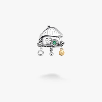 Серебряная Брошь Хатка Mini Эмеральд Позолота Циркон