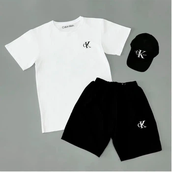 Мужской летний костюм Calvin Klein с кепкой шорты+футболка XL черно-белый (KPCK04)
