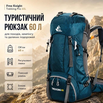 Туристический рюкзак Free Knight Trekking Pro 60L 60 л для походов кемпинга треккинга путешествий с дождевиком и поясным ремнем (синий)
