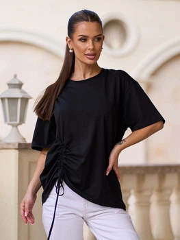 Оверсайз трикотажная однотонная футболка с кулиской ISSA PLUS 15720 XXL черная (issa2007682831838)