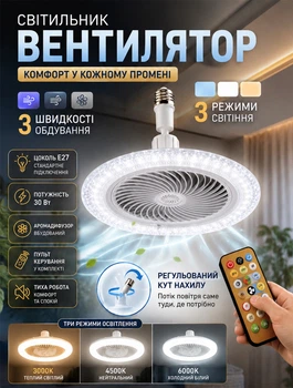 Стельова лампа з вентилятором світлодіодна в патрон E27 Biom LED-30W люстра з вентилятором та пультом дистанційного керування