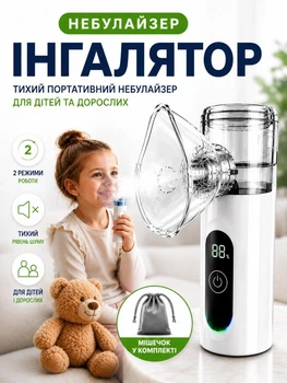 Ингалятор небулайзер портативный Mesh Nebulizer бесшумный для детей и взрослых USB аккумуляторный с дисплеем и автоматической очисткой, масками, мундштуком и 3 насадками, дорожный ультразвуковой для ингаляций и домашнего использования