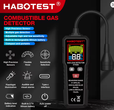 Газоанализатор HABOTEST HT608 переносной детектор утечки газа с дисплеем и звуковой и световой сигнализацией