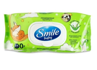 Серветки вологі гіпоалергенні Smile Baby 0 + з екстрактом алоє, 84 шт