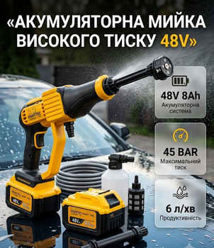 Бесщеточная аккумуляторная мойка высокого давления Krafftec Germany PRO 48V 8Ah 45 бар ручная автомойка с 2 АКБ, насадками, кейсом
