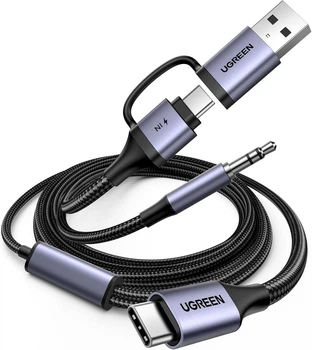 Переходник Ugreen USB-C to 3.5mm аудиокабель и зарядное устройство 2 в 1 Hi-Res Type C - Aux TRS для наушников 1.5 м Grey (CM772)