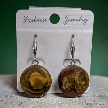 Сережки из натурального камня Арбузный Кварц с огранкой цвет желто-коричневый с розовым (05031059)