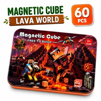 Детский магнитный конструктор в стиле Minecraft Magnetic Cube Lava World 60 деталей с фигурками и коробкой