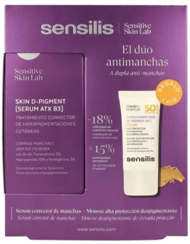 Zestaw do pielęgnacji twarzy Sensilis Skin D-Pigment Serum przeciw plamom pigmentacyjnym 30 ml +  Mus koloryzujący do twarzy SPF 50+ 15 ml (8428749008644)
