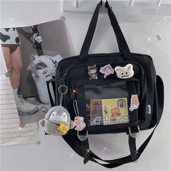 Сумка аниме кавайная с прозрачным карманом черная y2k school bag (BK451)