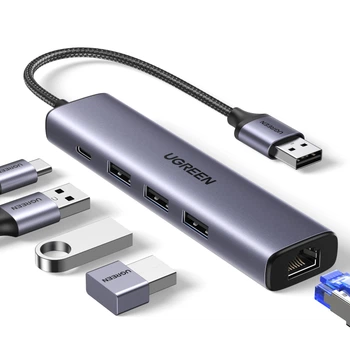 USB-хаб UGREEN CM475 USB 3.0 to Gigabit + 3xUSB 3.0 Converter with USB-C Power Port Grey (60554)