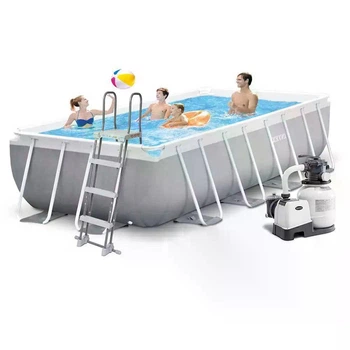 Каркасный бассейн Intex 26790-5 Серый прямоугольный 400 х 200 х 122 см из ПВХ и стали на 8418 л с подстилкой стремянкой песочным фильтр-насосом 7900 л/ч и тентом (9-163-26790-5)