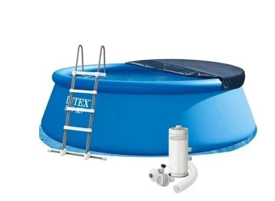 Надувний басейн Intex 26168 cиній з ПВХ круглий на 14141л з підстилкою драбиною картриджним фільтр-насосом 3785 л/год та тентом 457 х 122 см (9-163-26168)