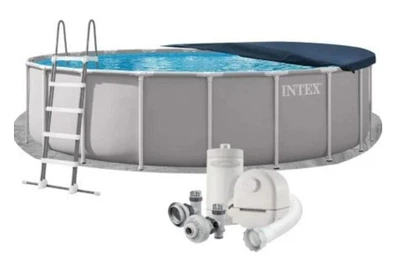 Каркасный бассейн Intex 26756 серый круглый из ПВХ и стали 610 х 132 см на 32695 л с подстилкой лестницей тентом и фильтром 5678 л/ч (9-163-26756)