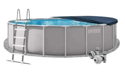 Каркасный бассейн Intex 26756-4в1 серый круглый из ПВХ и стали 610 х 132 см на 32695 л с подстилкой лестницей и тентом (9-163-26756-4)