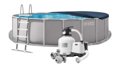 Каркасный бассейн Intex 26756-5 серый круглый из ПВХ и стали 610 х 132 см на 32695 л с подстилкой лестницей тентом и фильтром 12000 л/ч (9-163-26756-5)