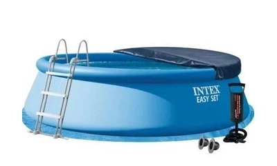 Надувний басейн Intex 26166-5в1 cиній з ПВХ круглий на 12706 л з ручним насосом драбиною тентом і підстилкою 457 х 107 см (9-163-26166-5)