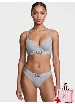 Комплект жіночої білизни (бюстгальтер та трусики-стрінги) Victoria's Secret 34B/M Сірий меланж + Подарунковий пакет 27203947