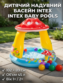 Детский надувной бассейн Intex 57114-2 «Грибочок» 102×89 см с навесом, шариками, подстилкой и голубой насосом