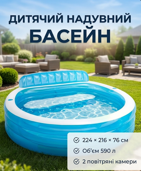 Детский надувной бассейн Intex 57190 Семейный 224×216×76 см со спинкой голубой 590 л