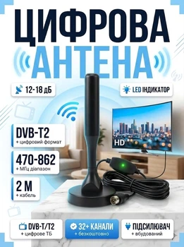 Кімнатна антена для телевізора Sonar DAT-01 DVB-T / T2 Black для TV Т2