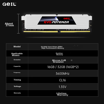 GEIL, Jinbang, 16 ГБ DDR4 3600, Модуль пам'яті для настільного комп'ютера, серія GL2000 Armor, спеціальний для Intel, чорний C16, чіпи Hynix CJR